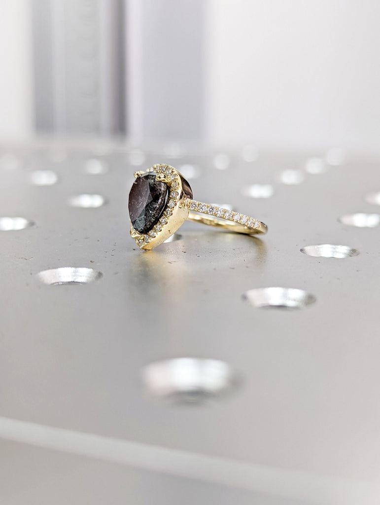 1.5 Carat 1920's Raw Salt and Pepper Diamond Halo, Pear Diamond Halo Ring, Unique Engagement Bridal Set, Grey Diamond Ring Halo Ring