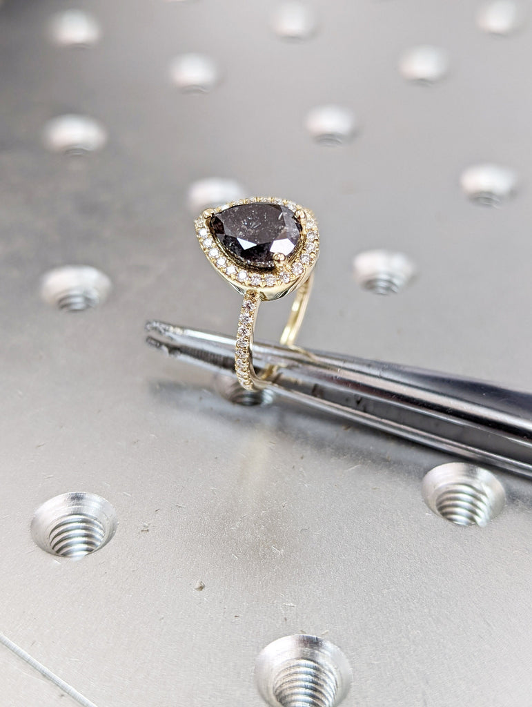 1.5 Carat 1920's Raw Salt and Pepper Diamond Halo, Pear Diamond Halo Ring, Unique Engagement Bridal Set, Grey Diamond Ring Halo Ring