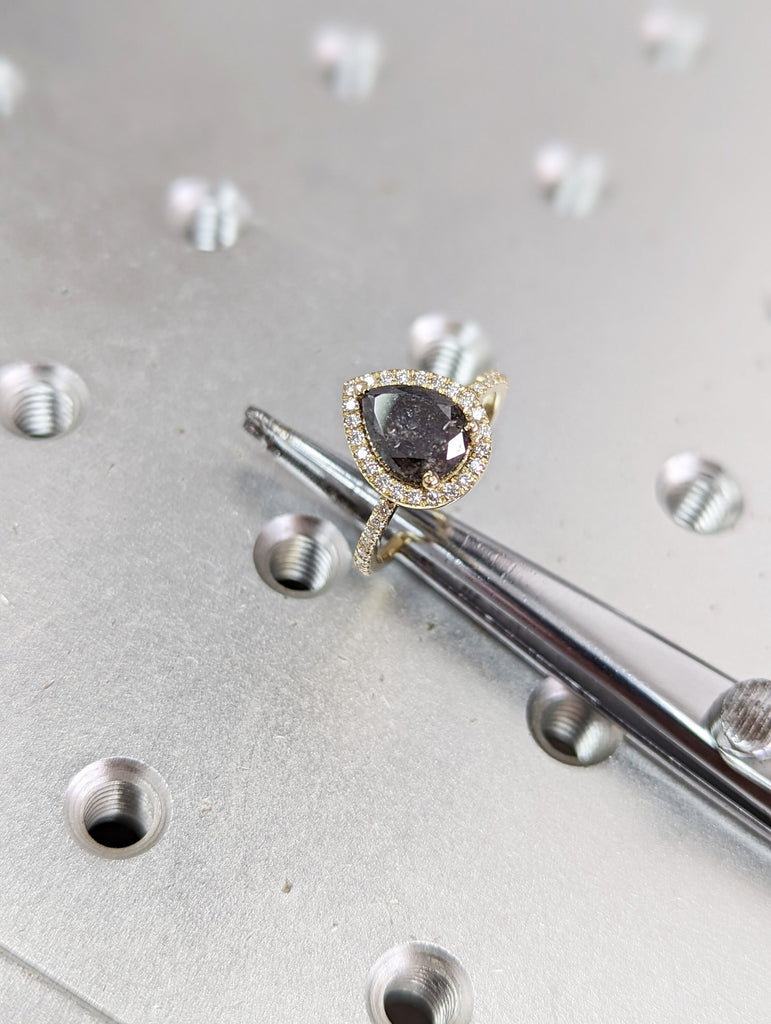 1.5 Carat 1920's Raw Salt and Pepper Diamond Halo, Pear Diamond Halo Ring, Unique Engagement Bridal Set, Grey Diamond Ring Halo Ring