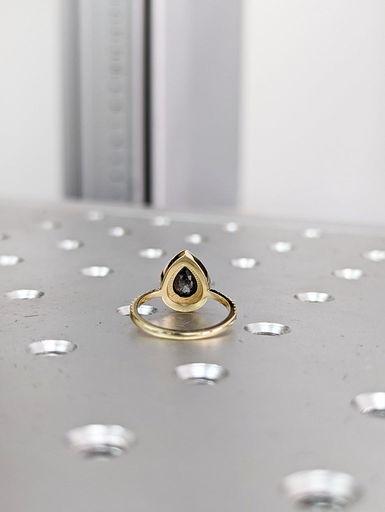 1.5 Carat 1920's Raw Salt and Pepper Diamond Halo, Pear Diamond Halo Ring, Unique Engagement Bridal Set, Grey Diamond Ring Halo Ring
