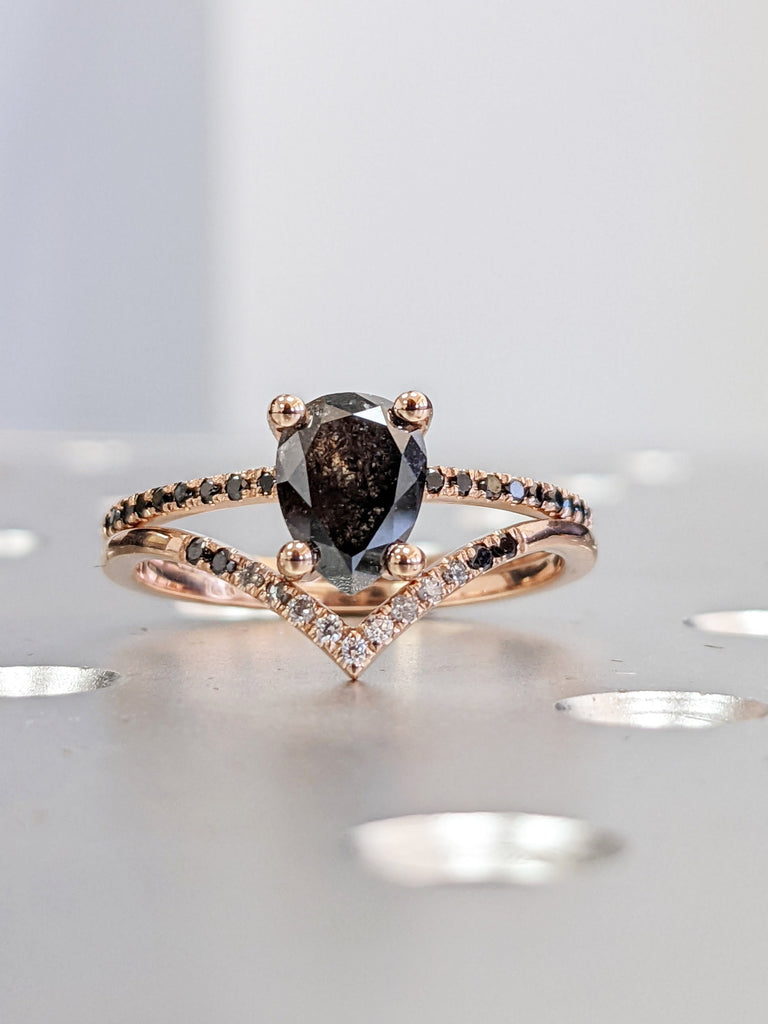 1.25 Carat 1920's Raw Salt and Pepper Diamond, Pear Diamond Ring, Unique Engagement Bridal Set, Black, Gray Pear 14k Yellow, Rose White Gold