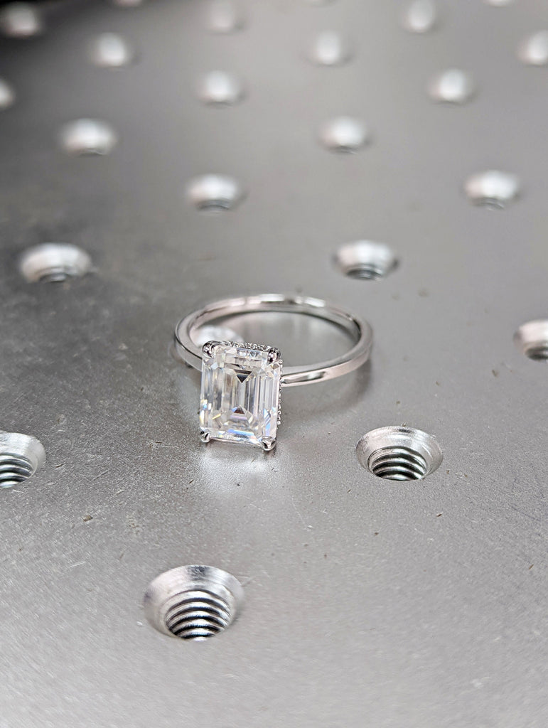 Hidden Halo Emerald Cut Solitaire Engagement Ring, Emerald Cut Engagement Ring, Emerald Cut Ring, 2.5 Ct Moissanite Engagement Ring