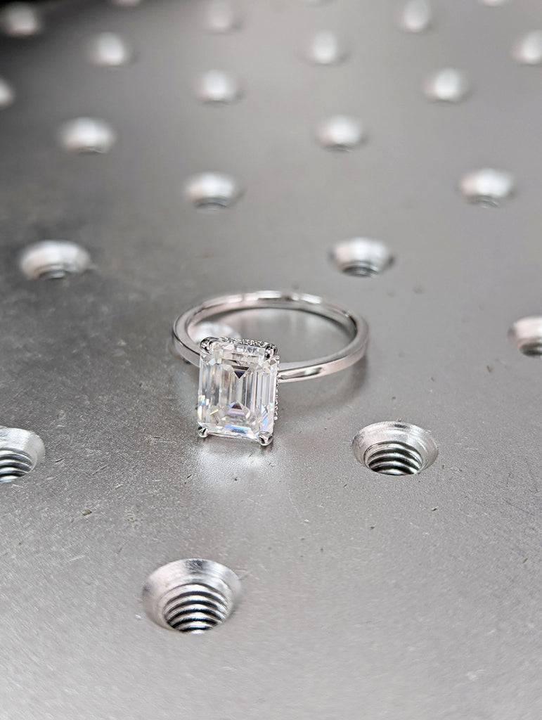 Hidden Halo Emerald Cut Solitaire Engagement Ring, Emerald Cut Engagement Ring, Emerald Cut Ring, 2.5Ct Solid 14k Moissanite Engagement Ring