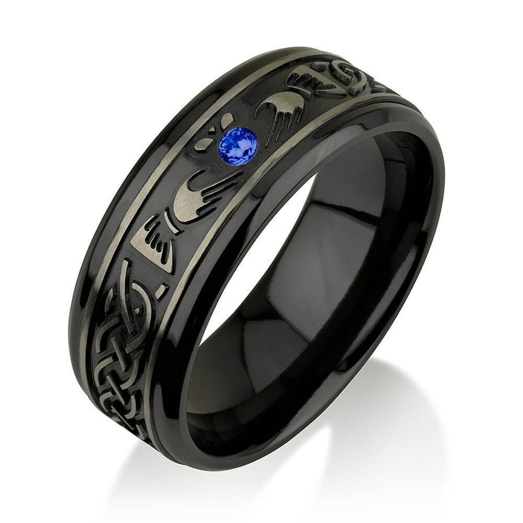 Sapphire Black Zirconium Celtic Irish Claddagh Ring Hands Clasping Heart Band Carved Claddagh Black Zirconium Ring Black Zirconium Wedding