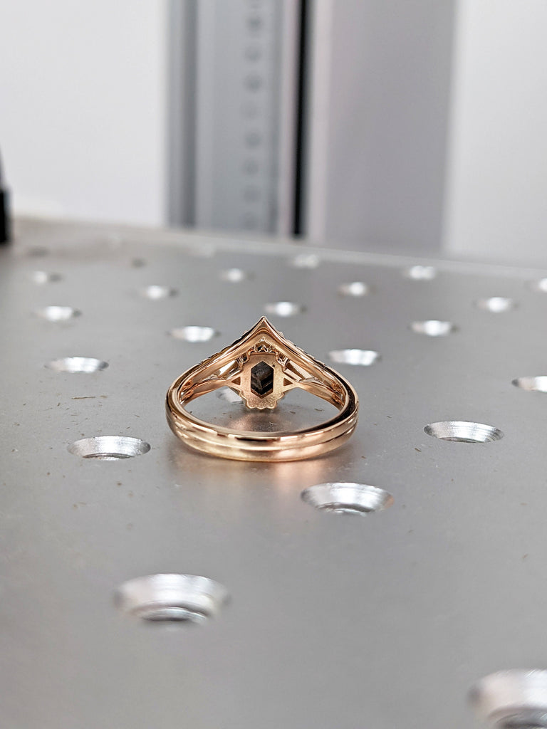 Raw Diamond Hexagon Triangle Diamond, Salt and Pepper, Unique Engagement Ring, Rose Cut Geometric Diamond Ring, 14k Gold, Custom Handmade