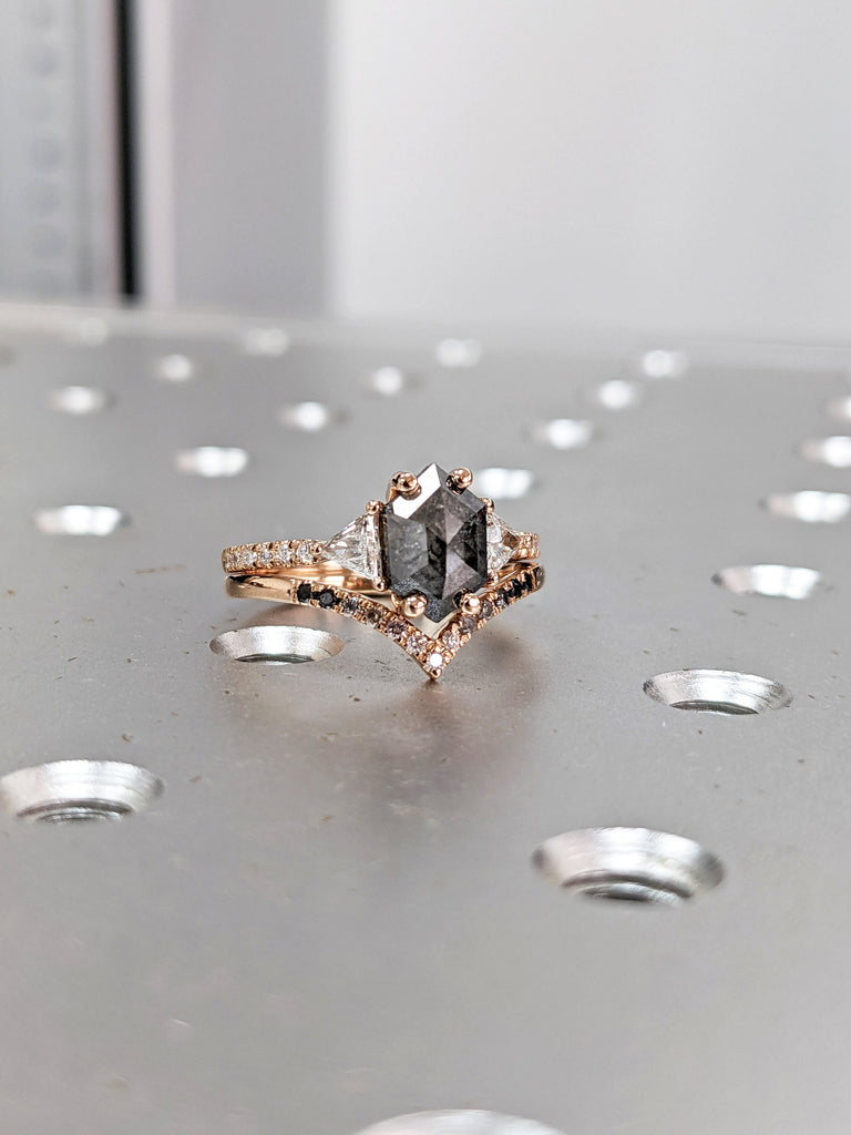 Raw Diamond Hexagon Triangle Diamond, Salt and Pepper, Unique Engagement Ring, Rose Cut Geometric Diamond Ring, 14k Gold, Custom Handmade