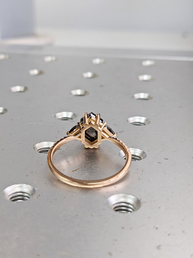 Raw Diamond Hexagon Triangle Diamond, Salt and Pepper, Unique Engagement Ring, Rose Cut Geometric Diamond Ring, 14k Gold, Custom Handmade