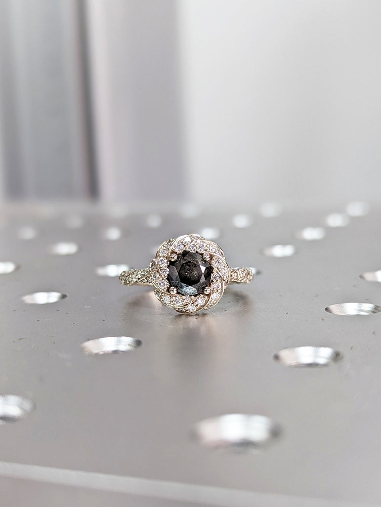 Salt & pepper diamond ring, Grey diamond engagement ring, Natural diamond cluster, Round Cut Halo Engagement Ring Solid 14k White Gold
