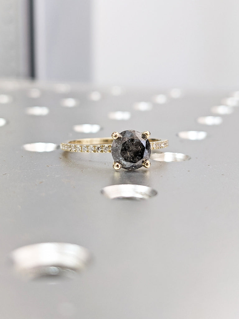 1920's Raw Salt and Pepper Diamond, Round Diamond Ring, Unique Engagement Bridal Set, Black, Gray Oval, 14k Yellow, Rose, or White Gold