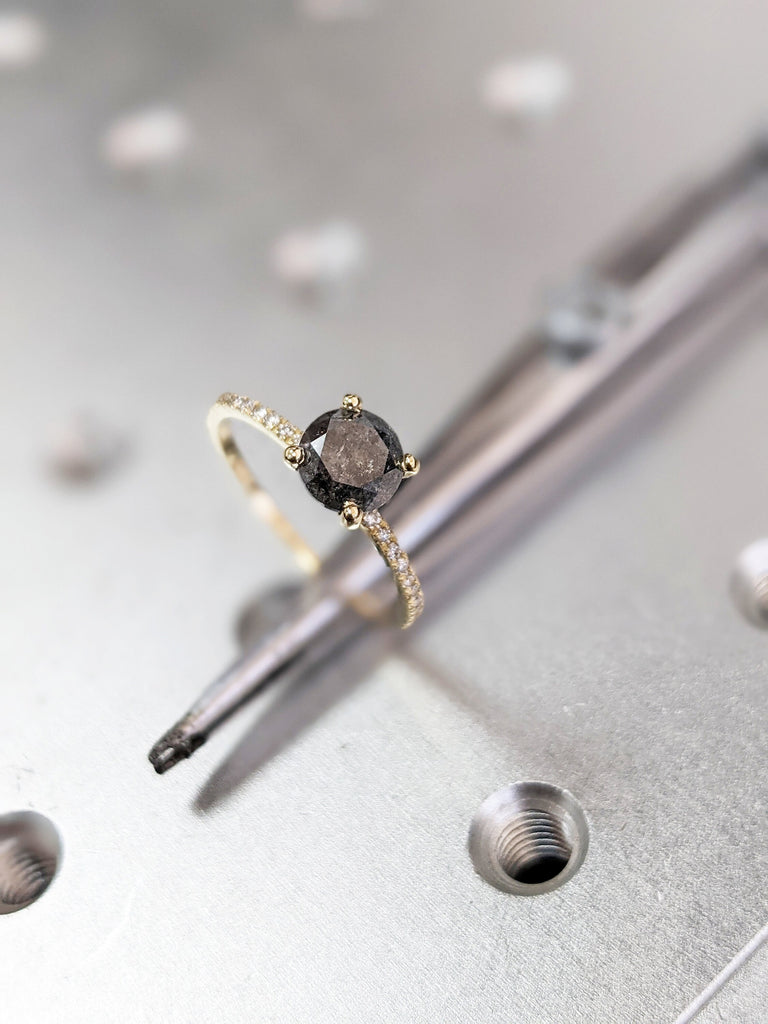 Salt and pepper Diamond engagement ring vintage wedding ring solitaire pave ring unique rose gold diamond art deco Wedding anniversary ring