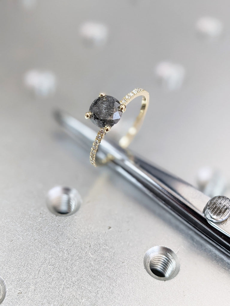 Salt and pepper Diamond engagement ring vintage wedding ring solitaire pave ring unique rose gold diamond art deco Wedding anniversary ring