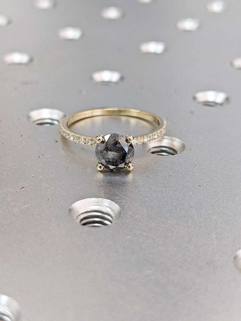 1920's Raw Salt and Pepper Diamond, Round Diamond Ring, Unique Engagement Bridal Set, Black, Gray Oval, 14k Yellow, Rose, or White Gold