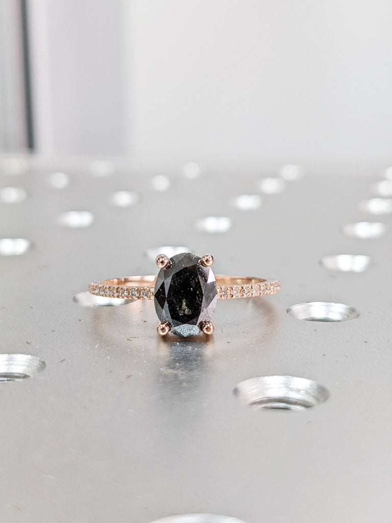 1920's Raw Salt and Pepper Diamond, Oval Diamond Ring, Unique Engagement Bridal Set, Black, Gray Oval, 14k Yellow, Rose, or White Gold