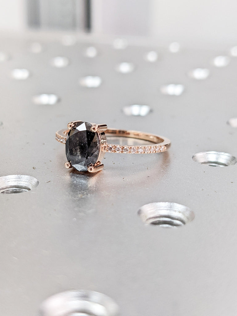 1920's Raw Salt and Pepper Diamond, Oval Diamond Ring, Unique Engagement Bridal Set, Black, Gray Oval, 14k Yellow, Rose, or White Gold