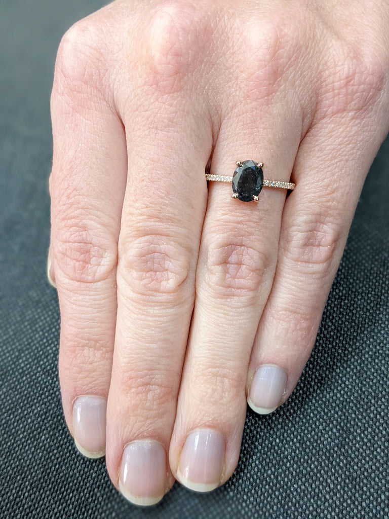 1920's Raw Salt and Pepper Diamond, Oval Diamond Ring, Unique Engagement Bridal Set, Black, Gray Oval, 14k Yellow, Rose, or White Gold