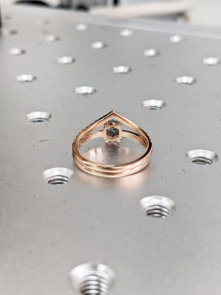 Raw Diamond, Salt and Pepper, Hexagon, Unique Engagement Ring, Bridal Set, Rose Cut Geometric Diamond Ring, 14k Gold, Custom Handmade