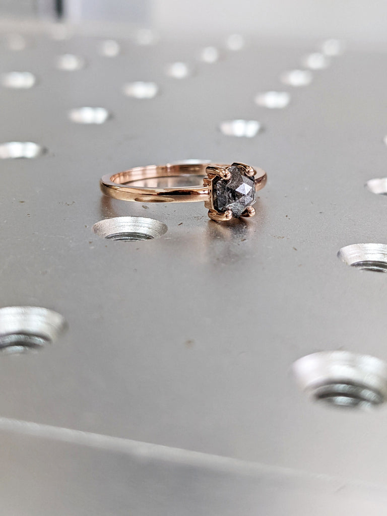 Raw Diamond, Salt and Pepper, Hexagon, Unique Engagement Ring, Bridal Set, Rose Cut Geometric Diamond Ring, 14k Gold, Custom Handmade