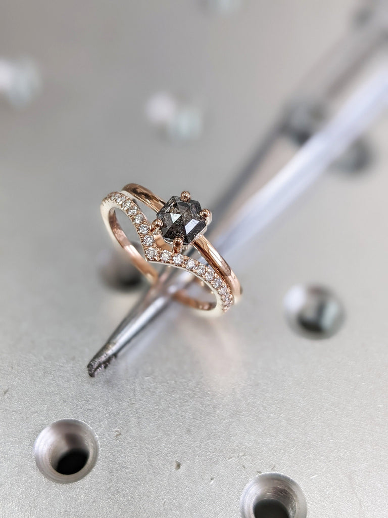 Raw Diamond, Salt and Pepper, Hexagon, Unique Engagement Ring, Bridal Set, Rose Cut Geometric Diamond Ring, 14k Gold, Custom Handmade