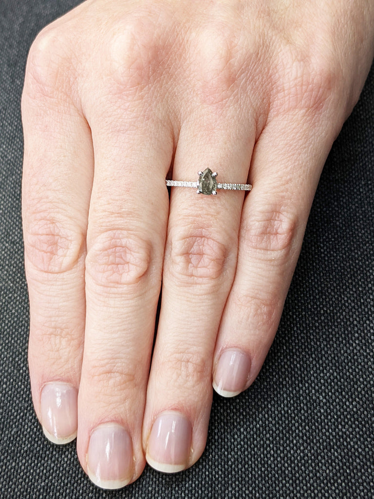 0.5 Carat 1920's Raw Salt and Pepper Diamond, Pear Diamond Ring, Unique Engagement Bridal Set, Black, Gray Pear, 14k Yellow, Rose White Gold