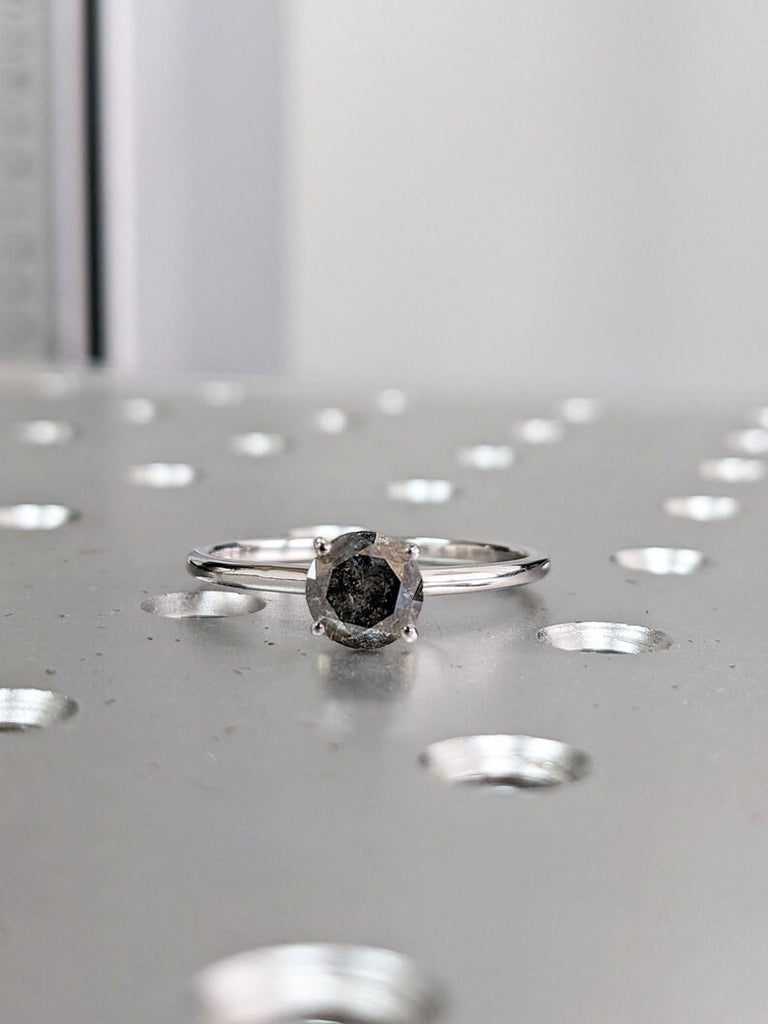 White Gold Raw Salt and Pepper Diamond, Full Cut Round Diamond Ring, Unique Engagement, Black, Gray Round, 14k Yellow, Rose, or White Gold