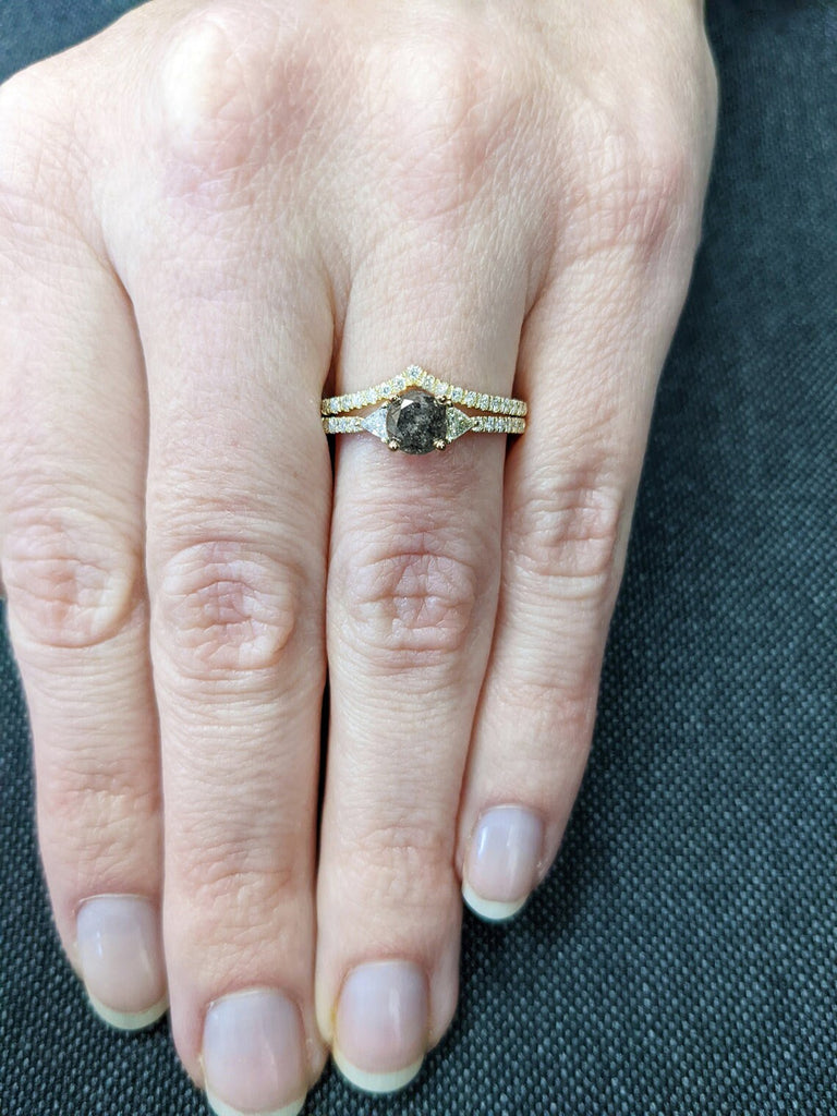 Raw Diamond Round Triangle Diamond, Salt and Pepper, Unique Engagement Ring, Rose Cut Geometric Diamond Ring, 14k Gold, Custom Handmade