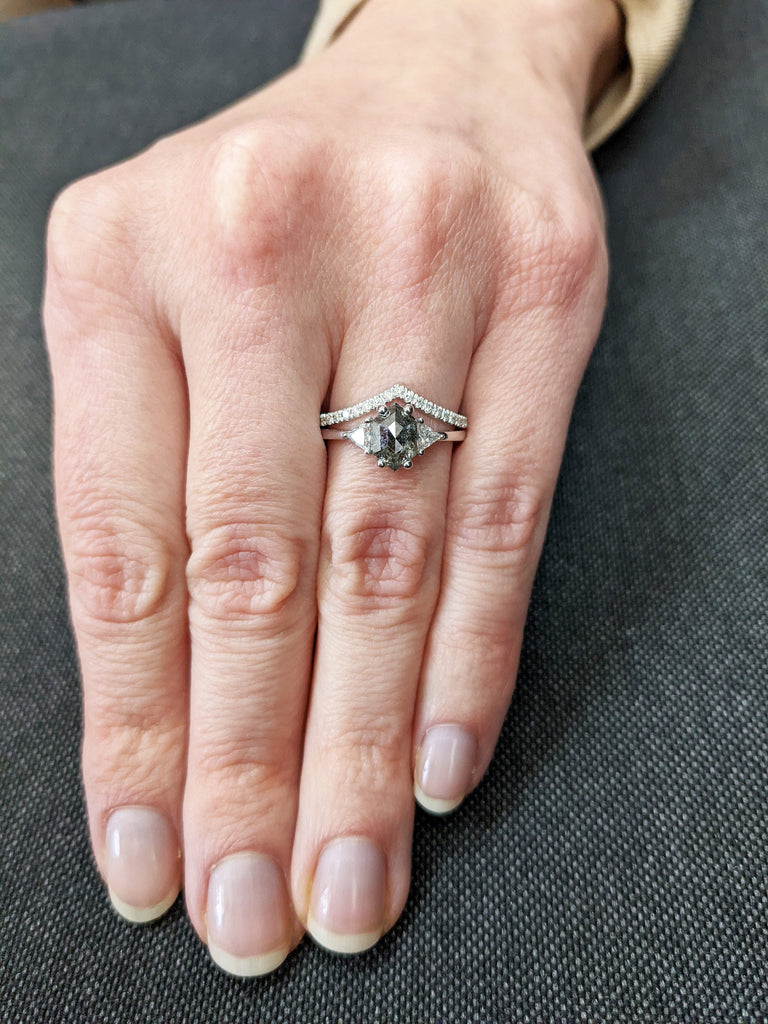 Raw Diamond Hexagon Triangle Diamond, Salt and Pepper, Plain Unique Bridal Engagement Set, Rose Cut Geometric Diamond Ring, Custom Handmade