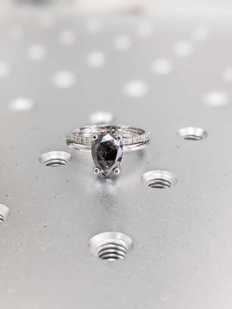 Raw Salt and Pepper Diamond, Rose Cut Pear Diamond Ring, Unique Engagement, Black, Gray Pear, 14k Yellow, Rose, or White Gold