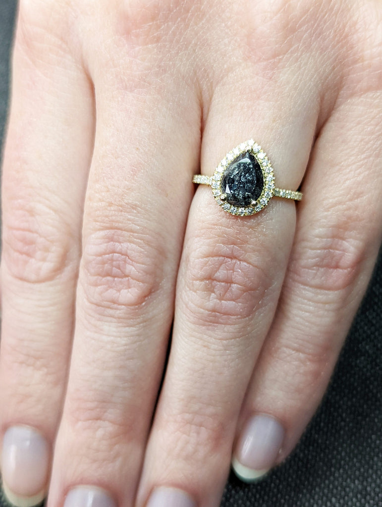1.5 Carat 1920's Raw Salt and Pepper Diamond Halo, Pear Diamond Halo Ring, Unique Engagement Bridal Set, Grey Diamond Ring Halo Ring