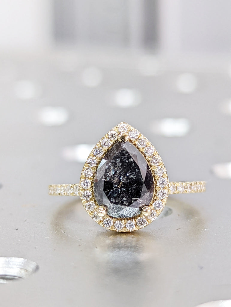 1.5 Carat 1920's Raw Salt and Pepper Diamond Halo, Pear Diamond Halo Ring, Unique Engagement Bridal Set, Grey Diamond Ring Halo Ring