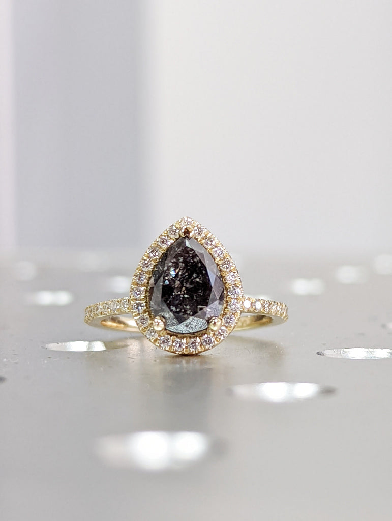 1.5 Carat 1920's Raw Salt and Pepper Diamond Halo, Pear Diamond Halo Ring, Unique Engagement Bridal Set, Grey Diamond Ring Halo Ring