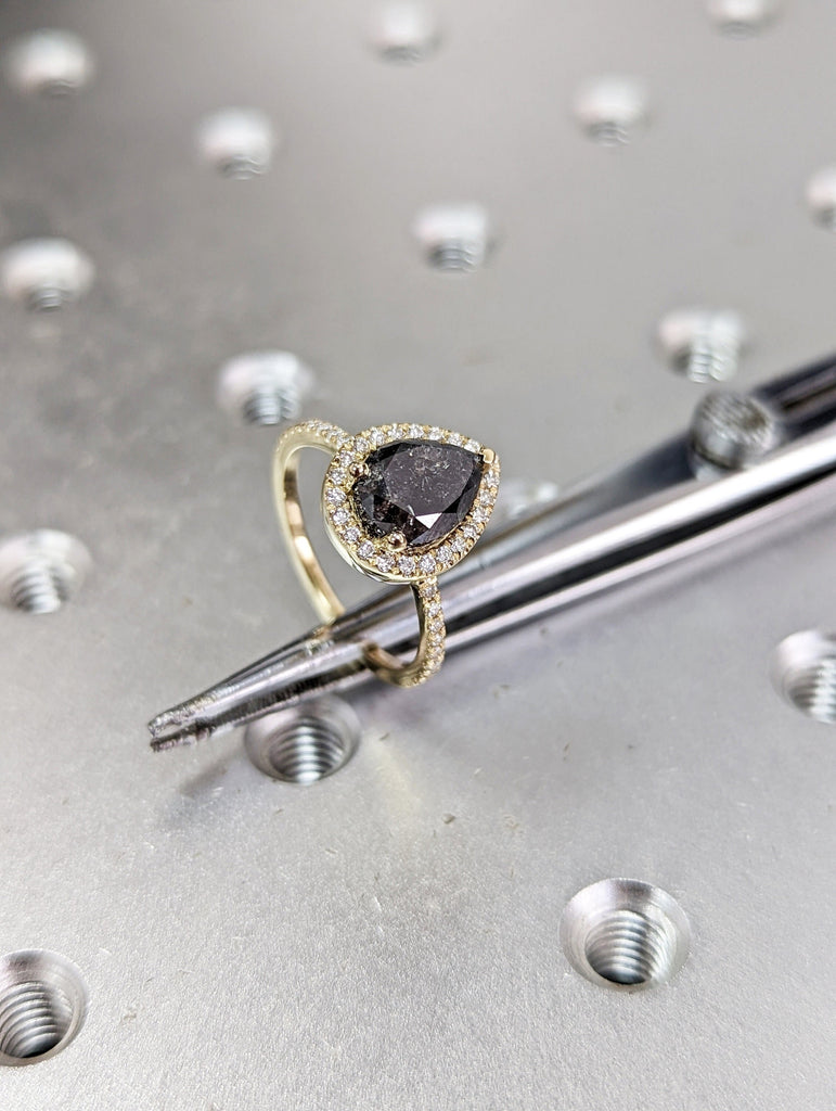1.5 Carat 1920's Raw Salt and Pepper Diamond Halo, Pear Diamond Halo Ring, Unique Engagement Bridal Set, Grey Diamond Ring Halo Ring