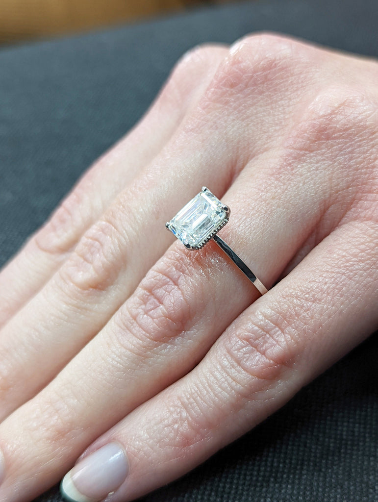 Hidden Halo Emerald Cut Solitaire Engagement Ring, Emerald Cut Engagement Ring, Emerald Cut Ring, 2.5 Ct Moissanite Engagement Ring