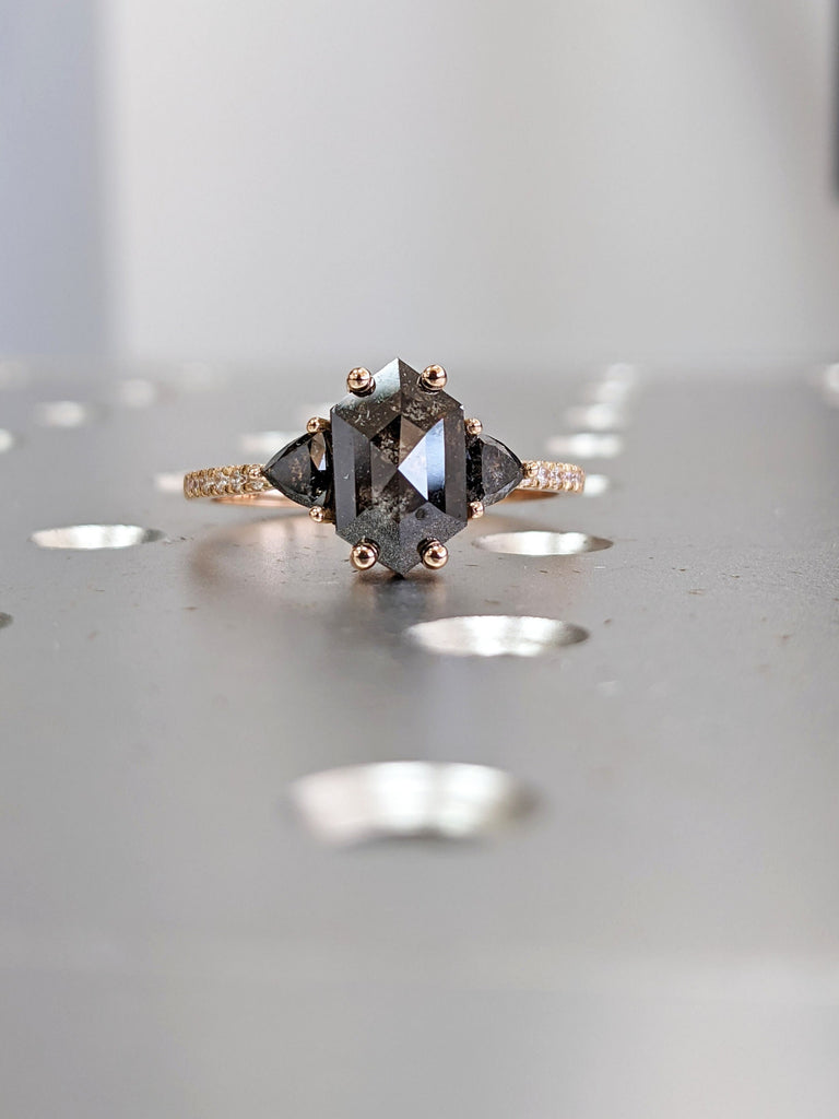 Raw Diamond Hexagon Triangle Diamond, Salt and Pepper, Unique Engagement Ring, Rose Cut Geometric Diamond Ring, 14k Gold, Custom Handmade