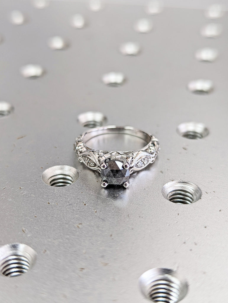 Raw Salt And Pepper Diamond Ring White Gold Alternative Salt And Pepper Diamond Ring, Rose Cut Geometric Diamond Ring, Custom Handmade