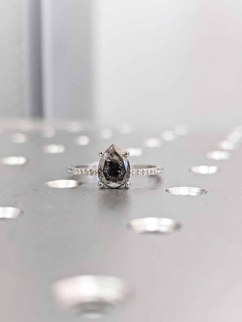 1920's Raw Salt and Pepper Diamond, Pear Diamond Ring, Unique Engagement Bridal Set, Black, Gray Pear, 14k Yellow, Rose, or White Gold