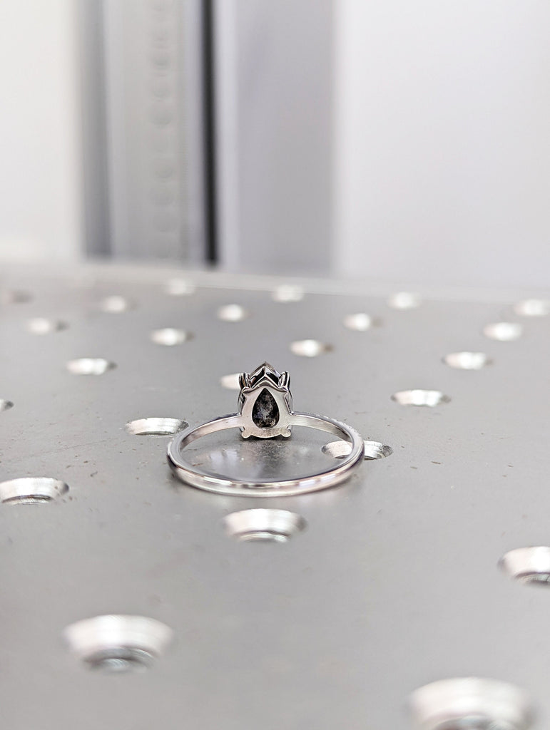 1920's Raw Salt and Pepper Diamond, Pear Diamond Ring, Unique Engagement Bridal Set, Black, Gray Pear, 14k Yellow, Rose, or White Gold