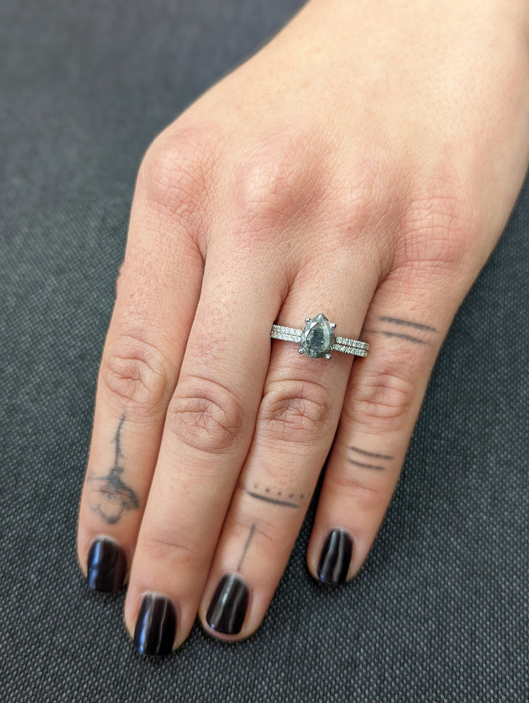 1920's Raw Salt and Pepper Diamond, Pear Diamond Ring, Unique Engagement Bridal Set, Black, Gray Pear, 14k Yellow, Rose, or White Gold