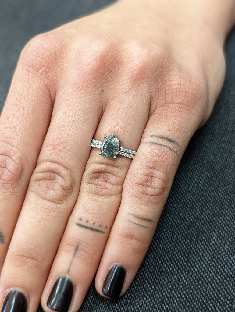 1920's Raw Salt and Pepper Diamond, Pear Diamond Ring, Unique Engagement Bridal Set, Black, Gray Pear, 14k Yellow, Rose, or White Gold