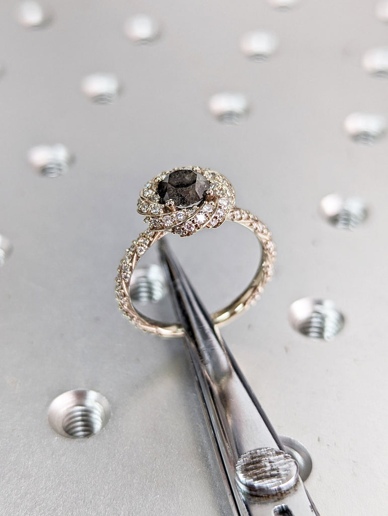 Salt & pepper diamond ring, Grey diamond engagement ring, Natural diamond cluster, Round Cut Halo Engagement Ring Solid 14k White Gold