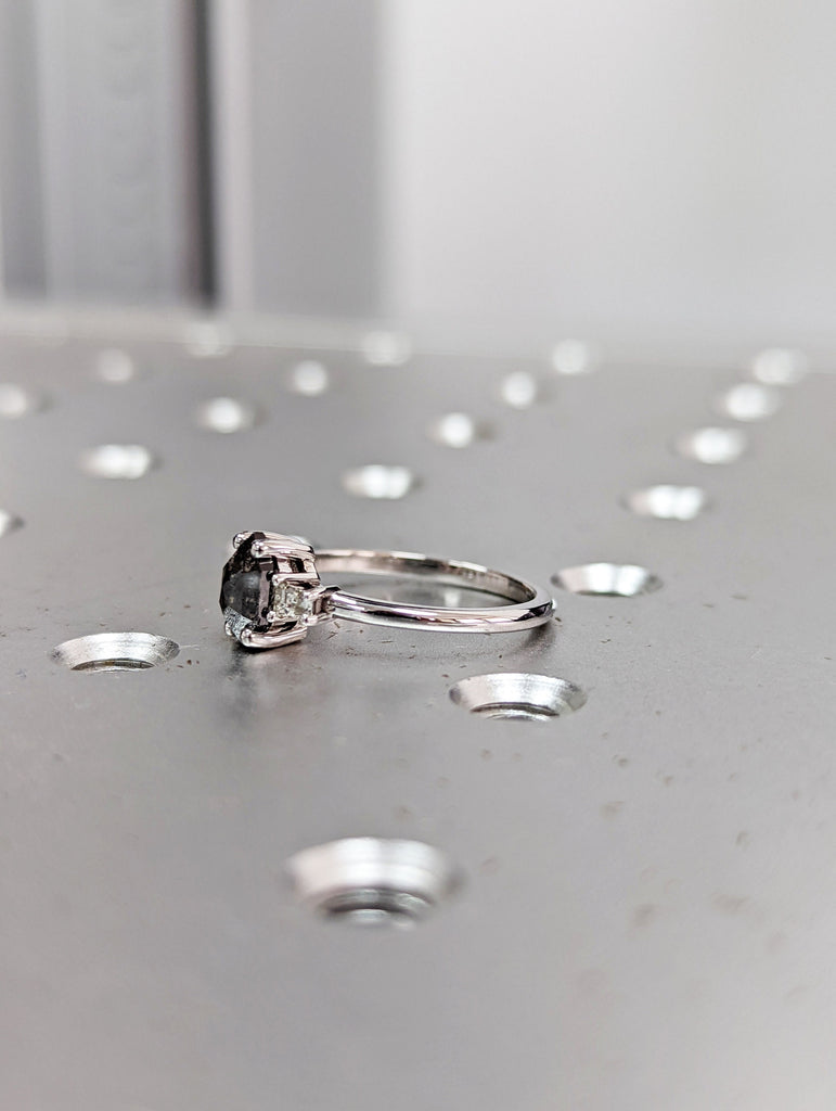 Raw Diamond Hexagon Tapered baguette Diamond, Salt and Pepper, Unique Bridal Engagement, Rose Cut Geometric Diamond Ring, Custom Handmade