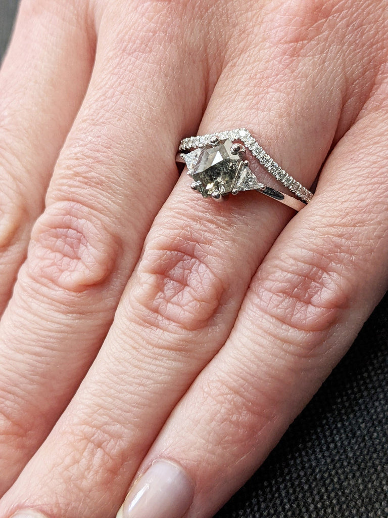 Raw Diamond Hexagon Triangle Diamond & Moissanite, Salt and Pepper, Unique Bridal Engagement Set, Rose Cut Geometric Diamond Ring