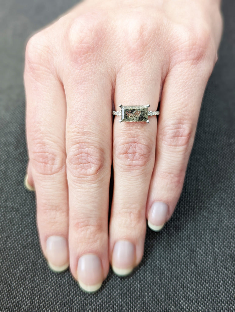 1.5ct Emerald Baguette Raw Salt and Pepper Diamond Gold Engagement Ring Art Deco 1920's Inspired Thin Petite Band 14k Unique Ring for Her