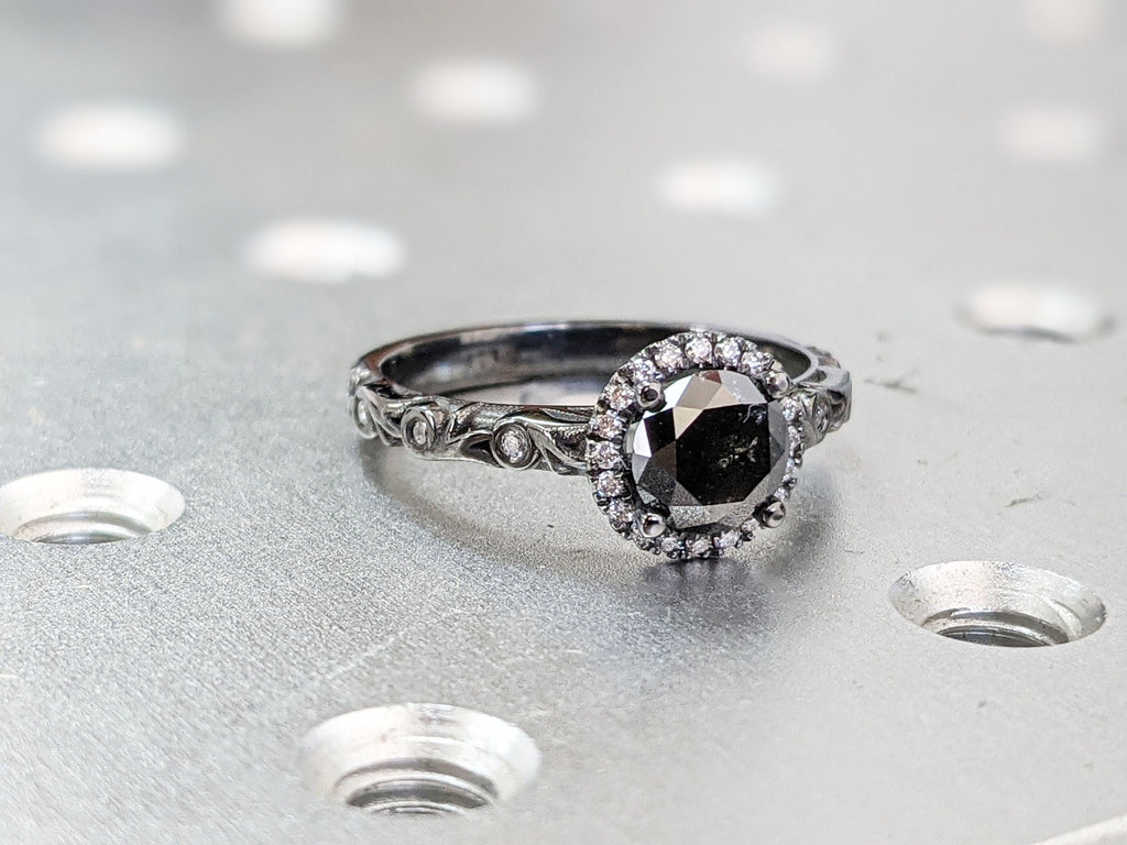 Salt & pepper diamond ring, Grey diamond engagement ring, Natural diamond cluster, Round Cut Halo Engagement Ring Solid 14k Black Gold