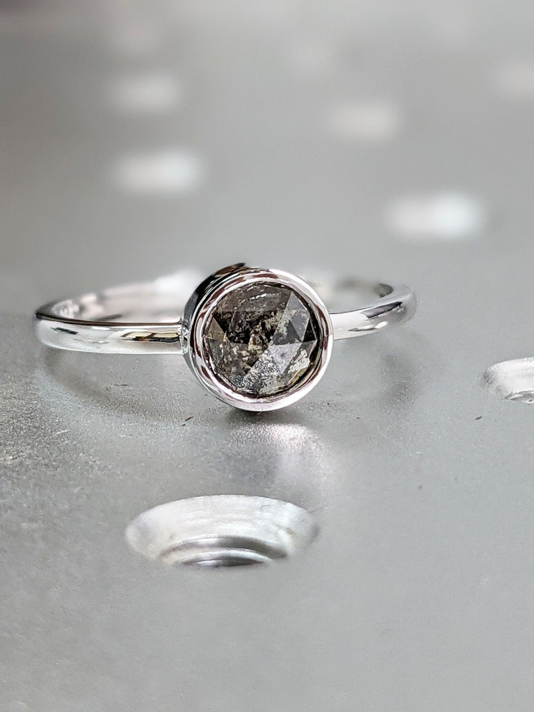 Raw Diamond, Unique Engagement, Salt and Pepper, Black diamond, Rose Cut, Bezel setting, Simple Alternative, Custom Handmade Diamond Ring