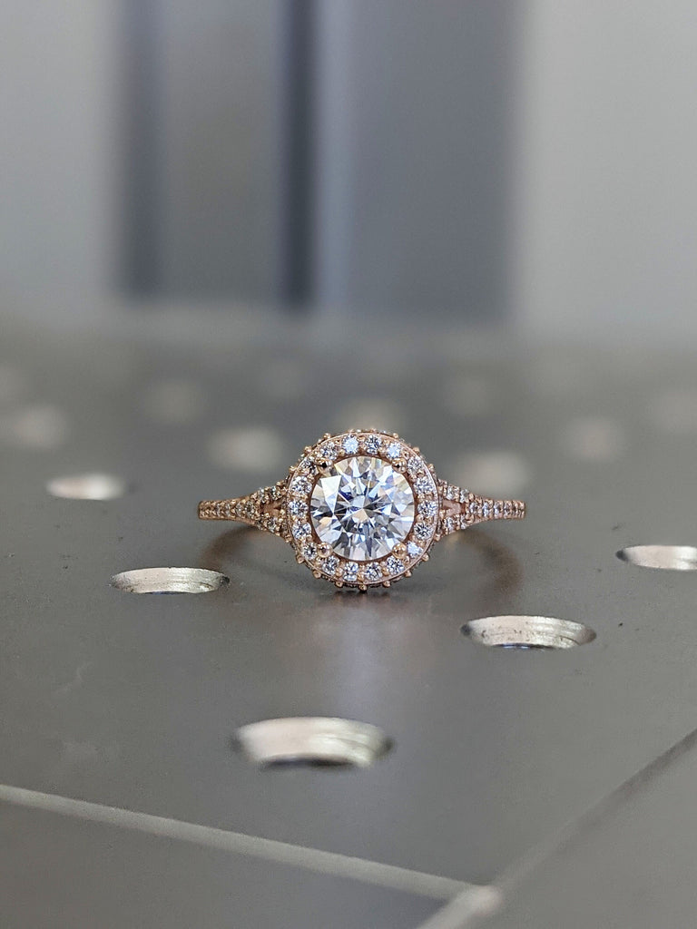 Moissanite Halo Ring, Round 1CT Moissanite Ring, Halo Pave Set Accents Diamond Ring, 14k Gold Engagement Ring, Promise Ring, Moissanite Ring