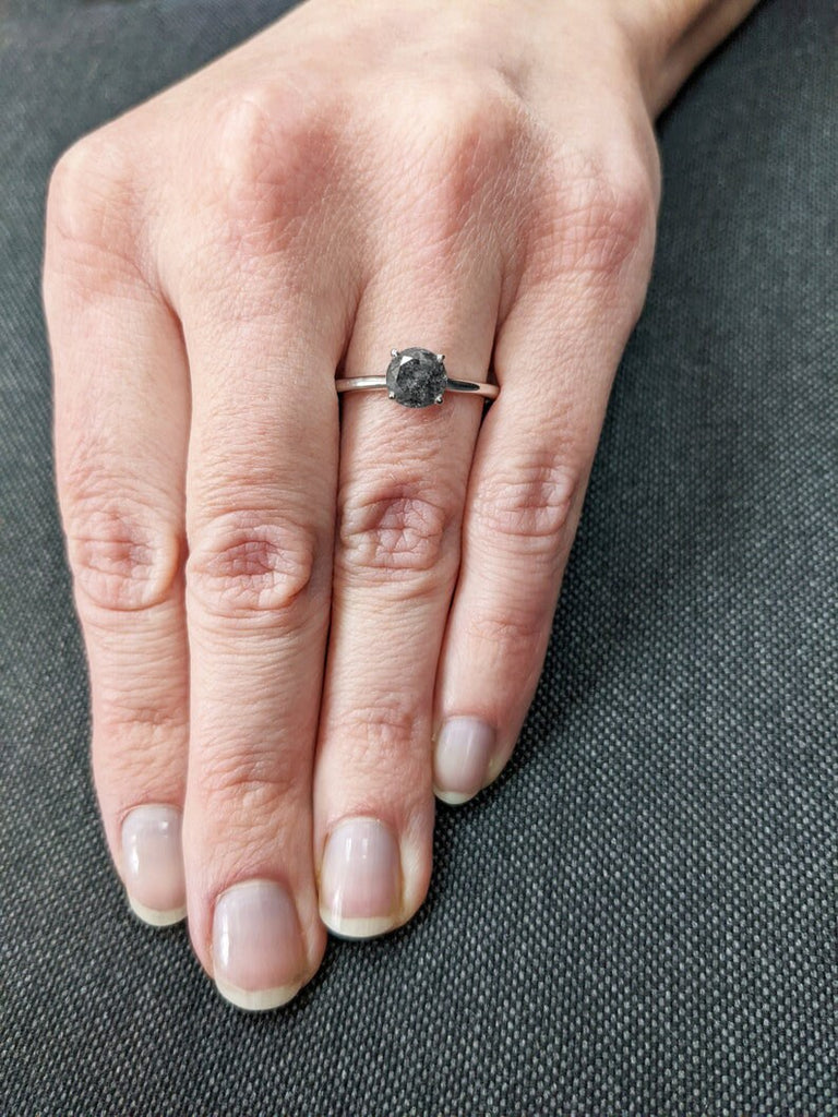 White Gold Raw Salt and Pepper Diamond, Full Cut Round Diamond Ring, Unique Engagement, Black, Gray Round, 14k Yellow, Rose, or White Gold