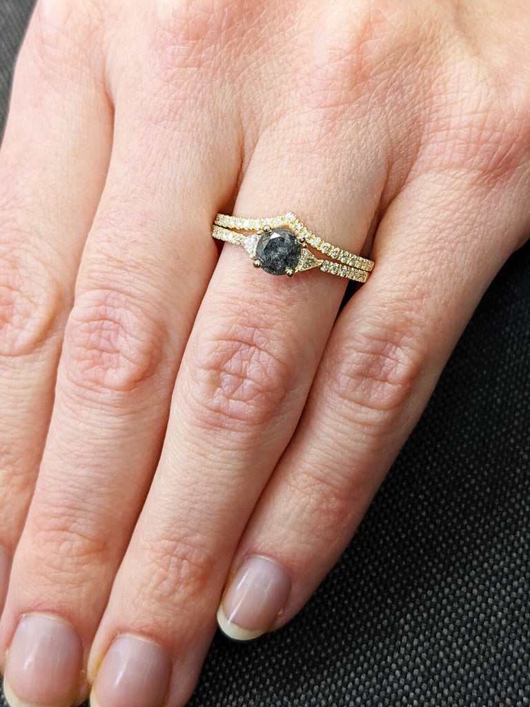 Raw Diamond Round Triangle Diamond, Salt and Pepper, Unique Engagement Ring, Rose Cut Geometric Diamond Ring, 14k Gold, Custom Handmade