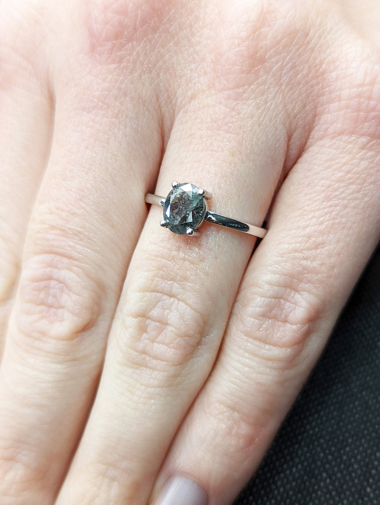 Raw Diamond, Salt and Pepper, oval cut, Unique Engagement Ring, Rose Cut Geometric Diamond Ring, 14k Gold, Custom Handmade