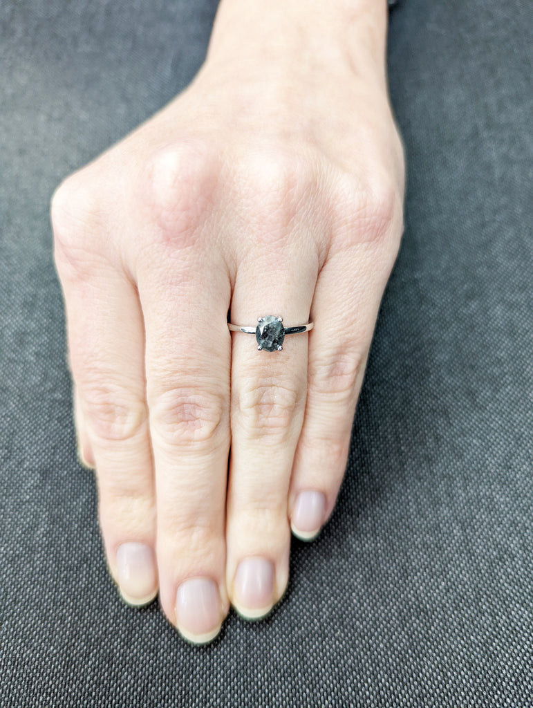 Raw Diamond, Salt and Pepper, oval cut, Unique Engagement Ring, Rose Cut Geometric Diamond Ring, 14k Gold, Custom Handmade