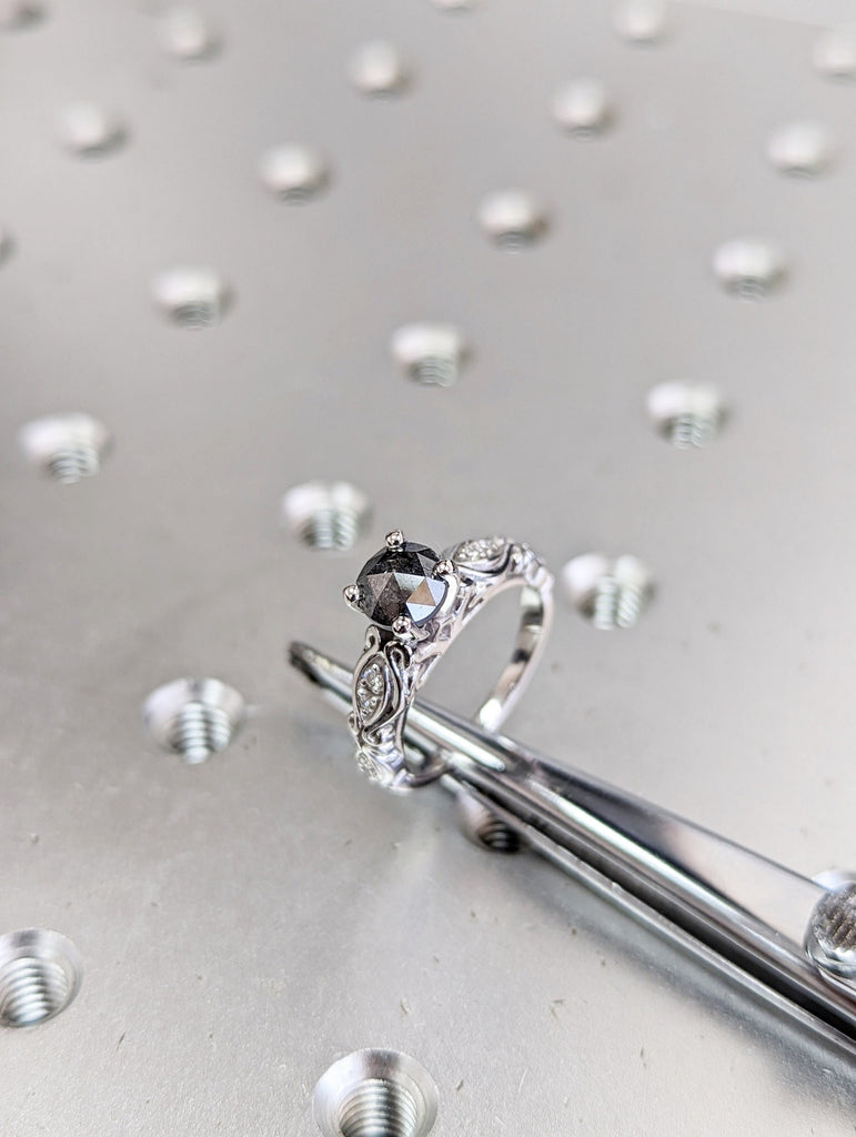 Raw Salt And Pepper Diamond Ring White Gold Alternative Salt And Pepper Diamond Ring, Rose Cut Geometric Diamond Ring, Custom Handmade